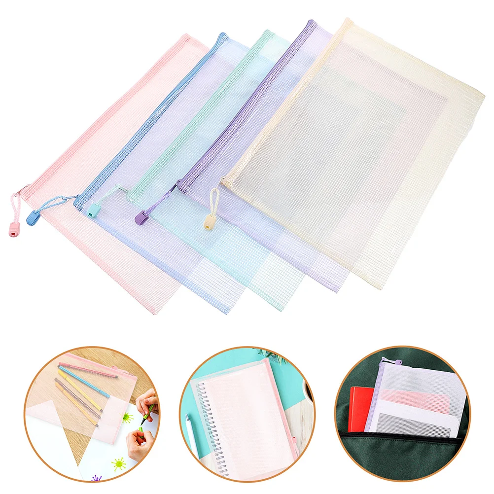 5 Pcs Sorting Bag Zippered Papers Document Organizer Pouch Mesh Bags Storage Information Office