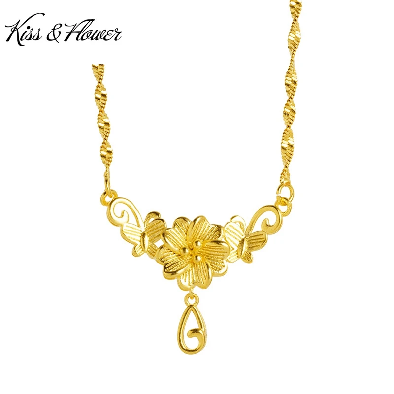 

KISS&FLOWER 24KT Gold Flower Jewelry Set For Women Necklace+Ring Fine Jewelry Wholesale Wedding Party Bride Ladies Gifts JS54