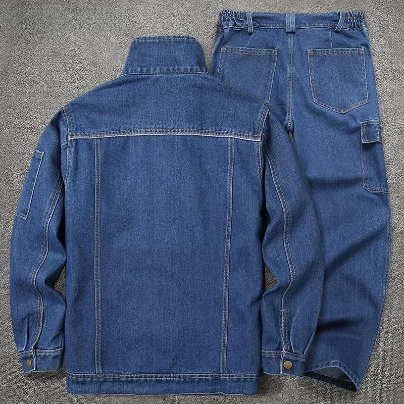 春秋用厚手デニム作業服セット男性用 W 火傷防止耐摩耗性ルーズ汚れ防止労働保護服