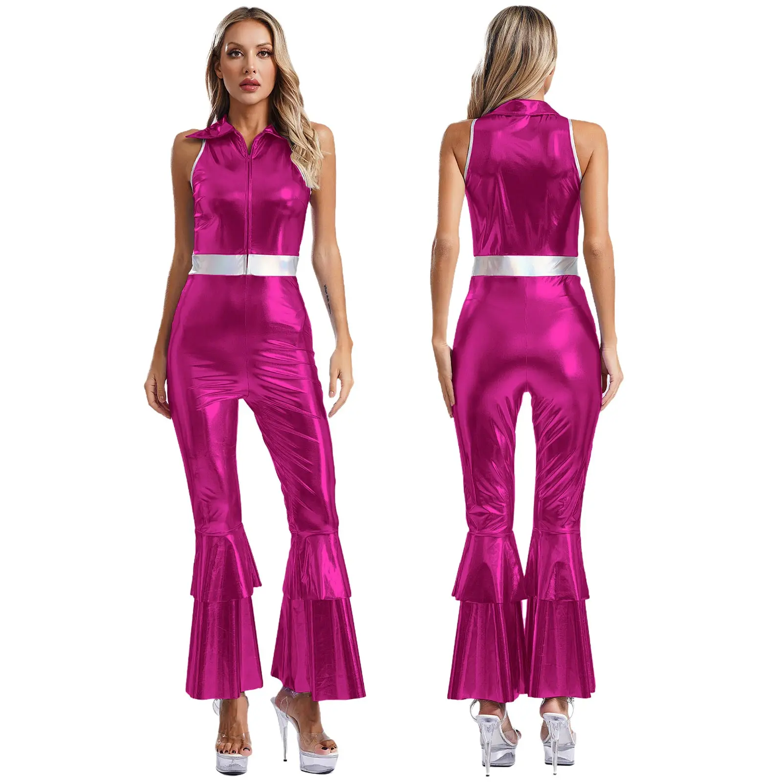 Womens Shiny Metallic 70s Dsco Costume Jazz Dance Wear Lapel Collar Sleeveless Hippie Bell Bottom Flared Jumpsuit for Carnival