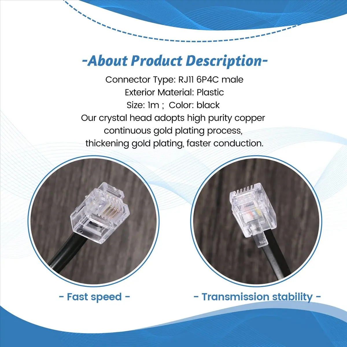 A73T RJ11 6P4C Telephone Cable Cord ADSL Modem 1 Meters