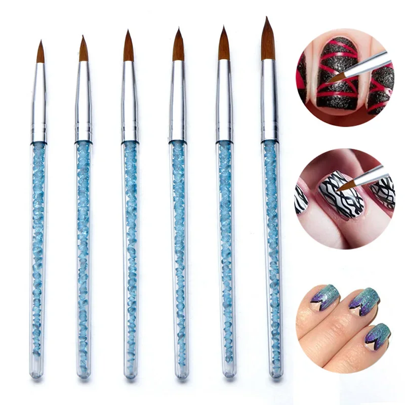 6Pcs/Set Acrylic Drawing Brush for Nails Engraving Dotting Drawing Painting UV Gel Carving Pen Blue Rhinestone Handle Nail Tools