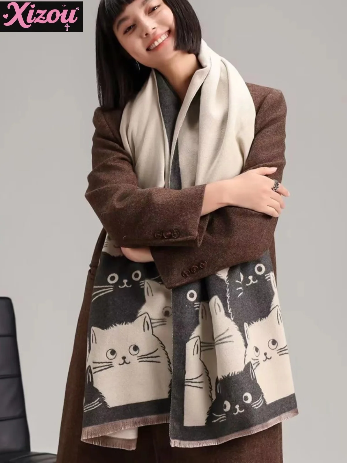 

Apanese Cute Cartoon Animation Cat Versatile Scarf Women's Autumn Winter Long Thickened Warm Imitation Cashmere Big Shawl Female