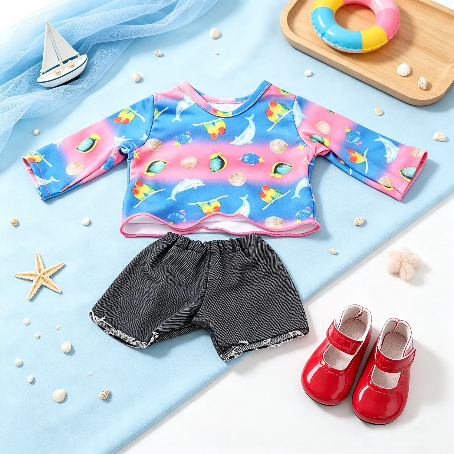 Vacation Beach Doll Costume Gradient Ocean Dolphin Printed Long Sleeve Top + Shorts + Shoes Outfit For 18" American & OG Girl Do