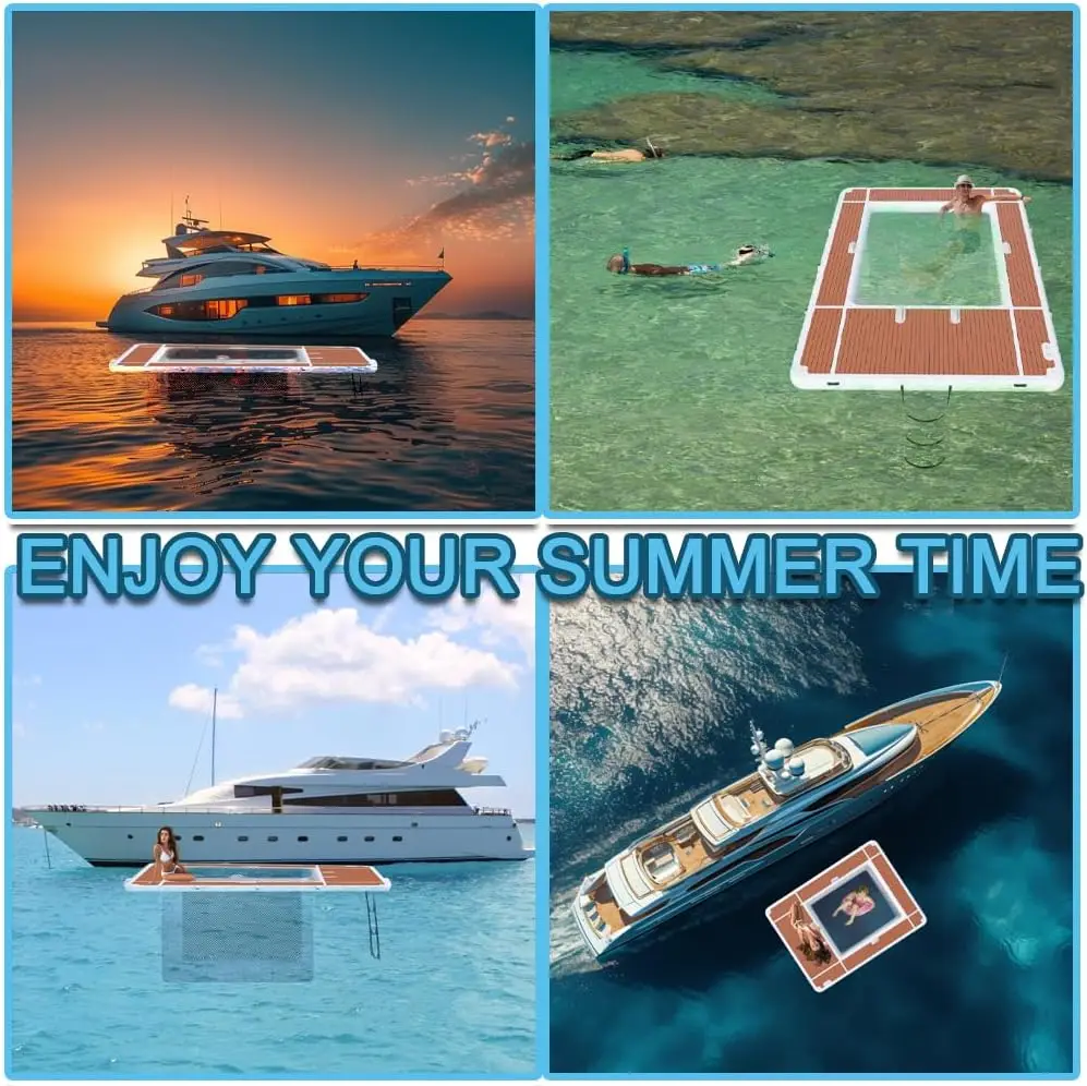 米国在庫インフレータブルフローティングスイミングプールインフレータブルドックフローティングプラットフォーム13x10フィートインフレータブル海プールヨットボート用ネット付き