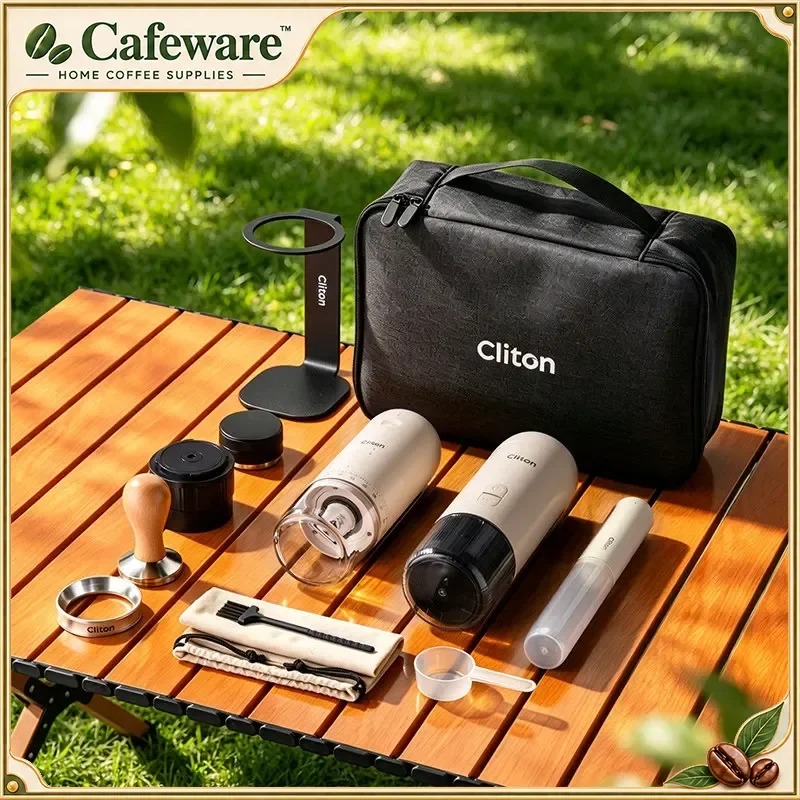 Cliton Portable Espresso Coffee Maker Set Electric Coffee Grinder Tamper Kit With Carrying Bag For Home Outdoor Travel Camping