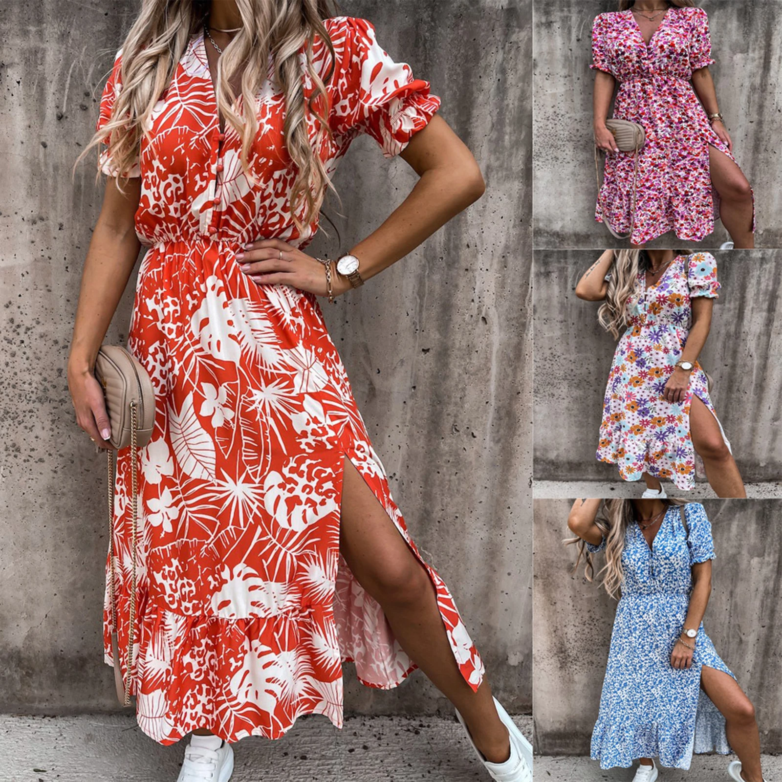 

Women Casual Dress, Adults Summer Plant Print V-neck Short Sleeve Slit