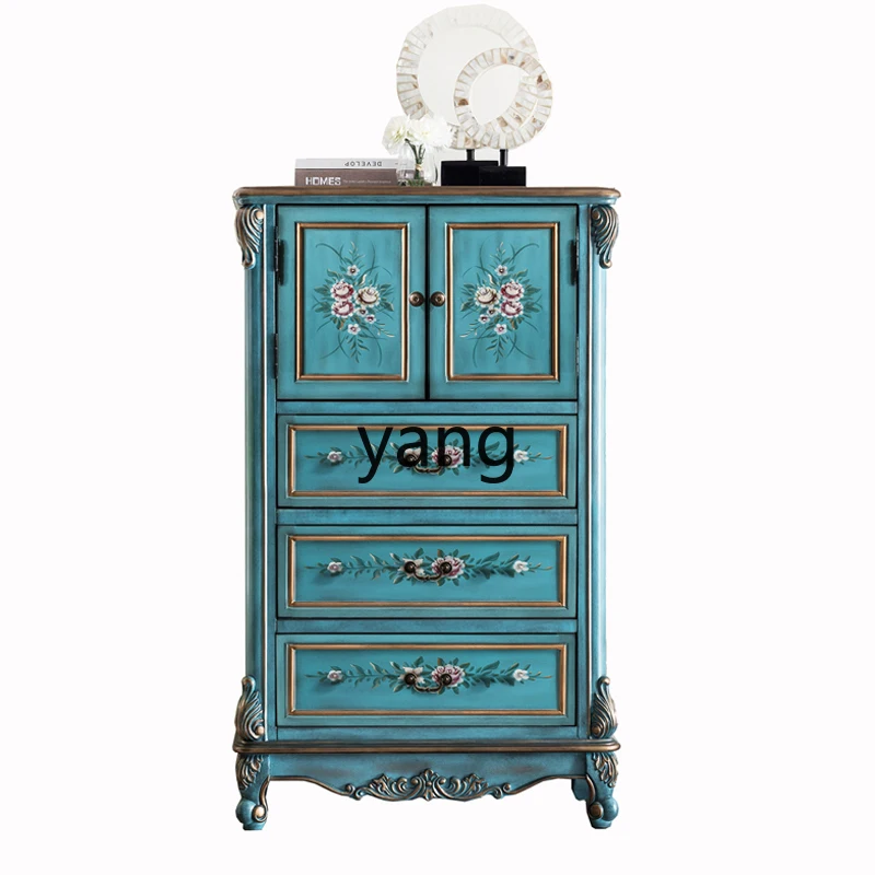 LH solid wood retro hand-painted five-bucket side cabinet living room painted storage drawer cabinet with door