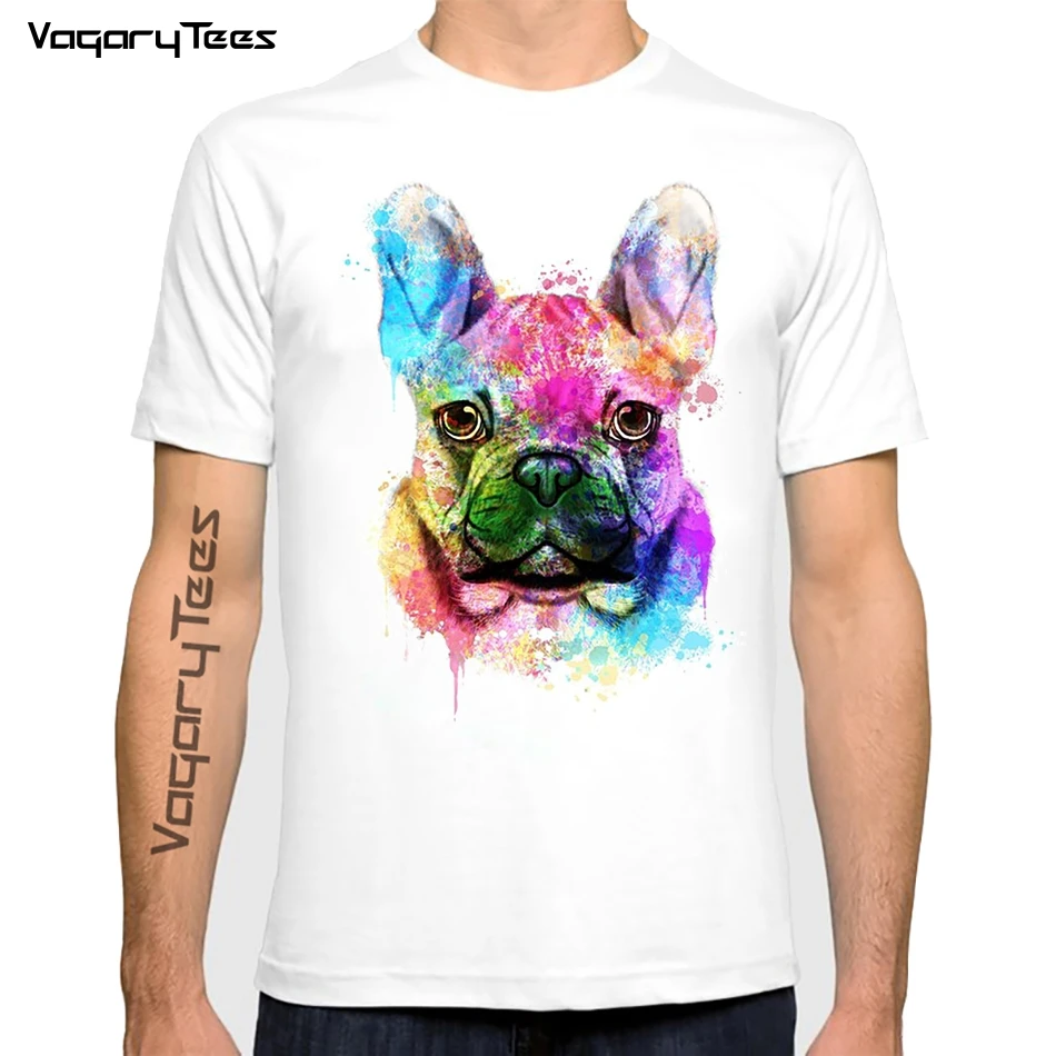 

Summer Fashion Colorful Painting Men Short Sleeve French Bulldog Head Art T-Shirt Cute Dog Art Casual Tops Boy White Tees