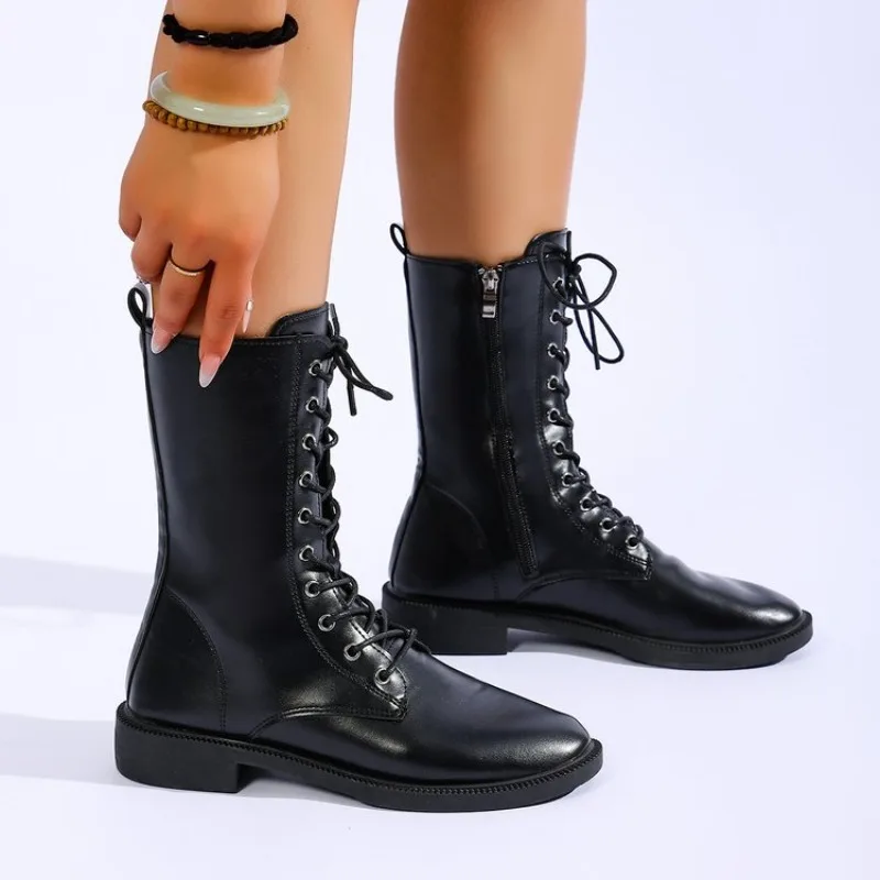 Women's Combat Boots Mid Calf Round Toe Low Heel Leather-Look Lace-Up Inner Side Zipper Casual Motorcycle Riding Booties 2026
