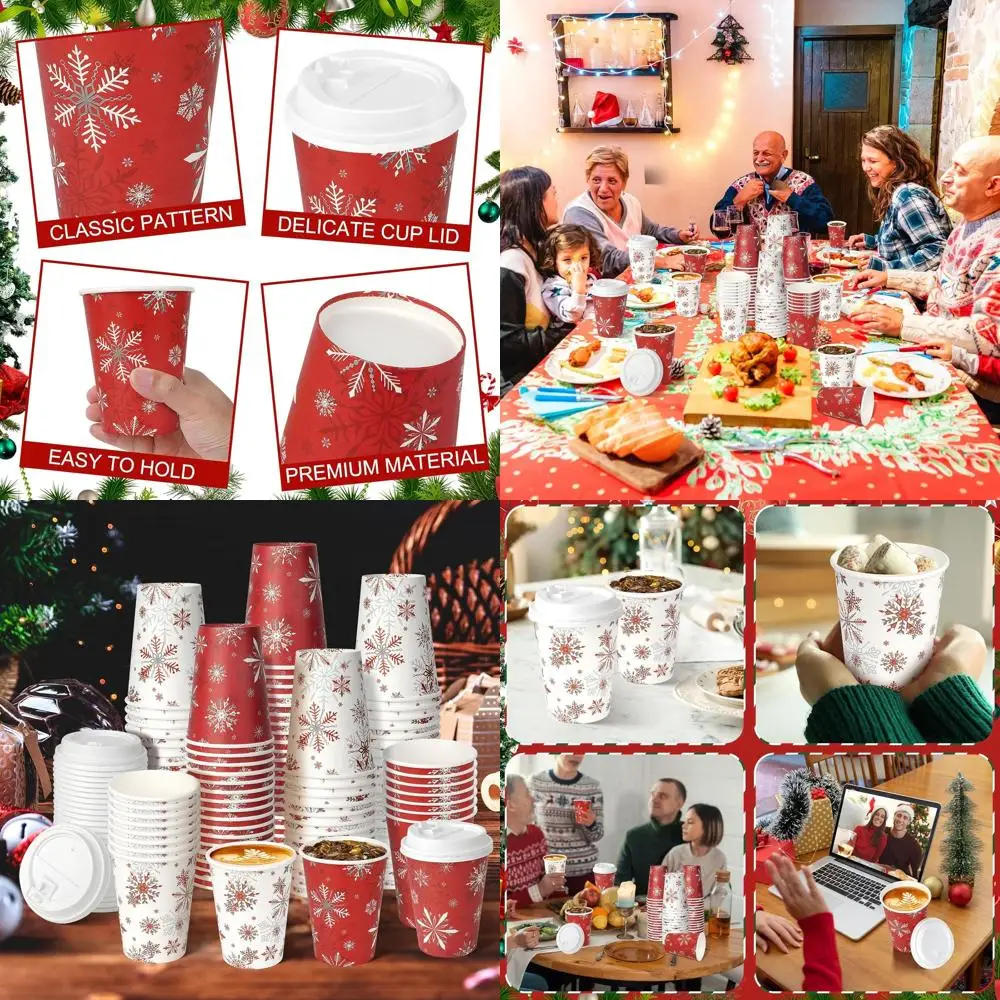 

12oz Red Snowflake Paper Cups with Lids, 200-Count, Disposable for Christmas and Winter Parties