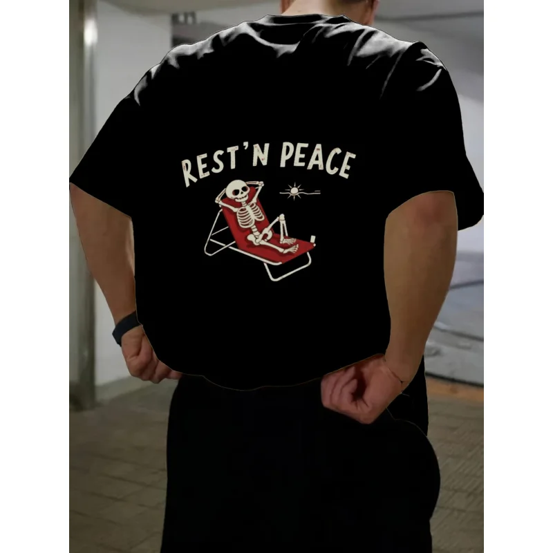 تي شيرت رجالي أبيض من Rest N Peace Skeleton Sunbathing مطبوع عالي الجودة من القطن 180 جرام
