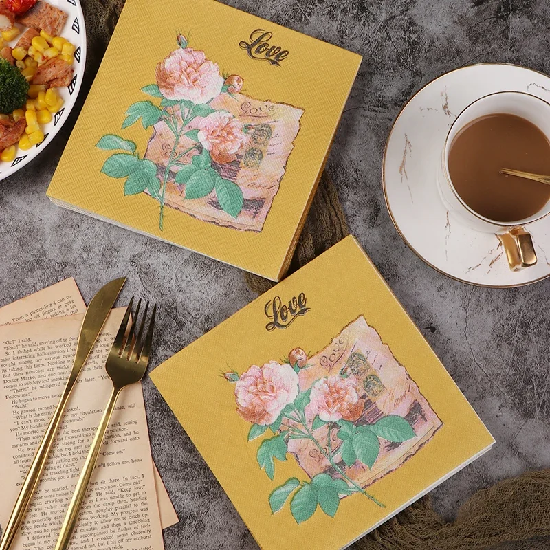 Vintage rose printed napkins disposable coffee shop hotel party decoration wooden paddle dinner paper 2-Ply 20pcs/pac 33*33cm