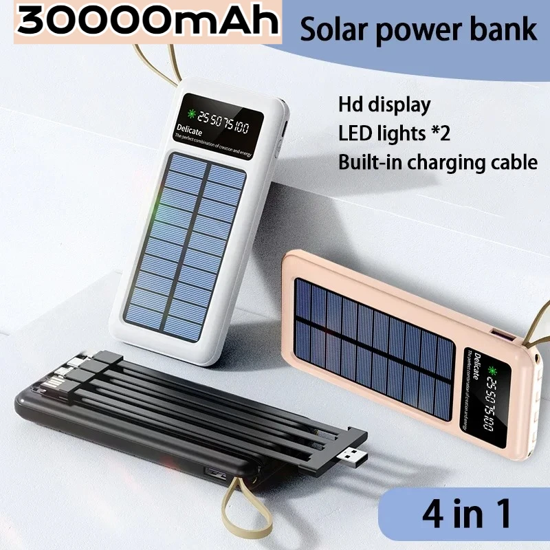 

30000 мАч Ccc USB Портативное зарядное устройство Солнечная мобильная мощность Двойные светодиодные фонари Встроенные 4 кабеля для IPhone Samsung Xiaomi Huawei