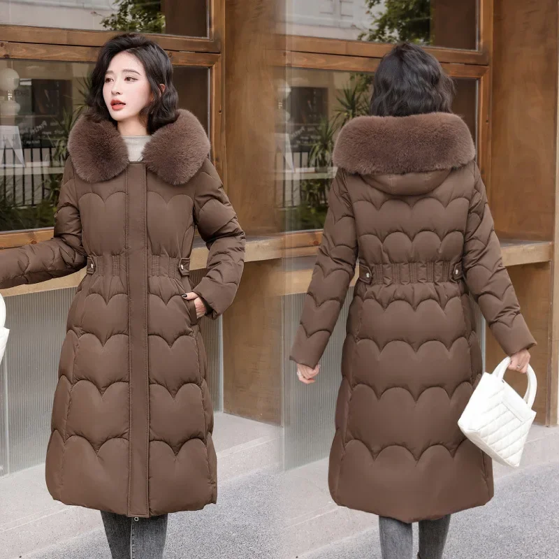 

Thick Office Lady Casual 2025 Autumn Winter Women Long Lenth Parkas Coats Hooded Overcoats Solid Zipper Big Fur Collar Straight