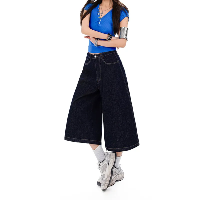 American Retro Letter Printed Seven Quarter Jeans Blue Women's High Waisted Straight Leg Wide Leg Pants Spring Summer New Shorts
