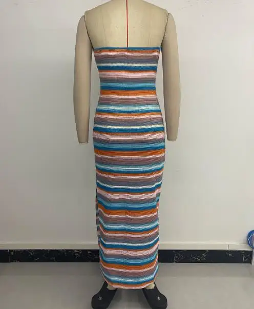 Vestido feminino verão 2025 novo lazer férias estilo bordado listrado sem alças elegante e elegante vestido explosivo