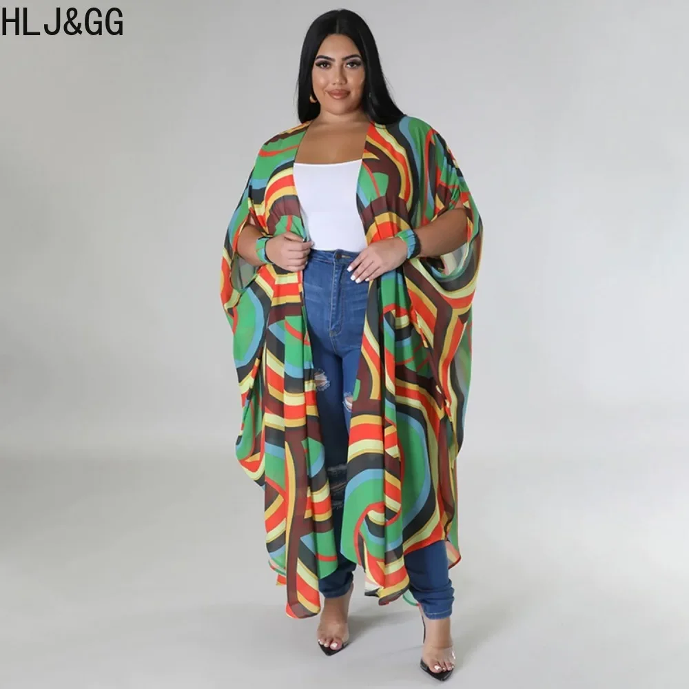 HLJ&GG Fashion Vintage Pattern Printing Cardigan Women Loose Long Shirt Cloak Spring Female Half Sleeve Holidays Streetwear Tops