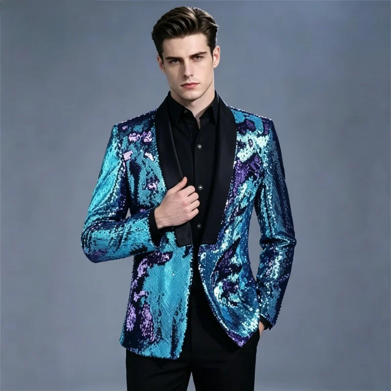Herren Slim Fit Pailletten-Blazer Jacke Lila Blau für Abschlussball Party Nachtclub Bar Auftritte Formelle Bühnenkostüme für Moderatoren Sänger