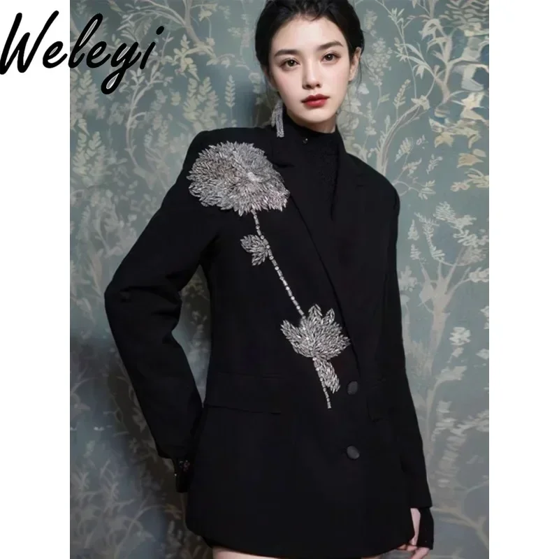 

Woman's Rhinestones Flower Black Blazers Women Temperament Office Suit Coat Elegant Suit Collar Thin Long Sleeve Blazer Feminino