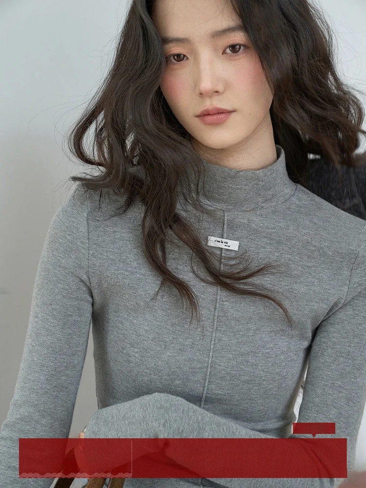 

MoZao ey Long Sve Slim Fit T-irt Women's f High Collar Base Layer Top Commute Sle Korean Version Winter New Arrival