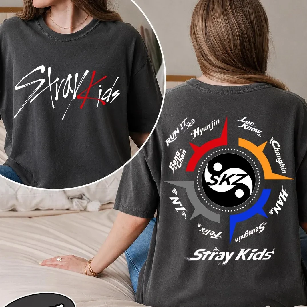 Double Sided Stray Kids RUN IT Vintage Washed T Shirt Front Signature Logo Back Yin Yang Taiji SKZ 8 Members Name Colorful Arrow