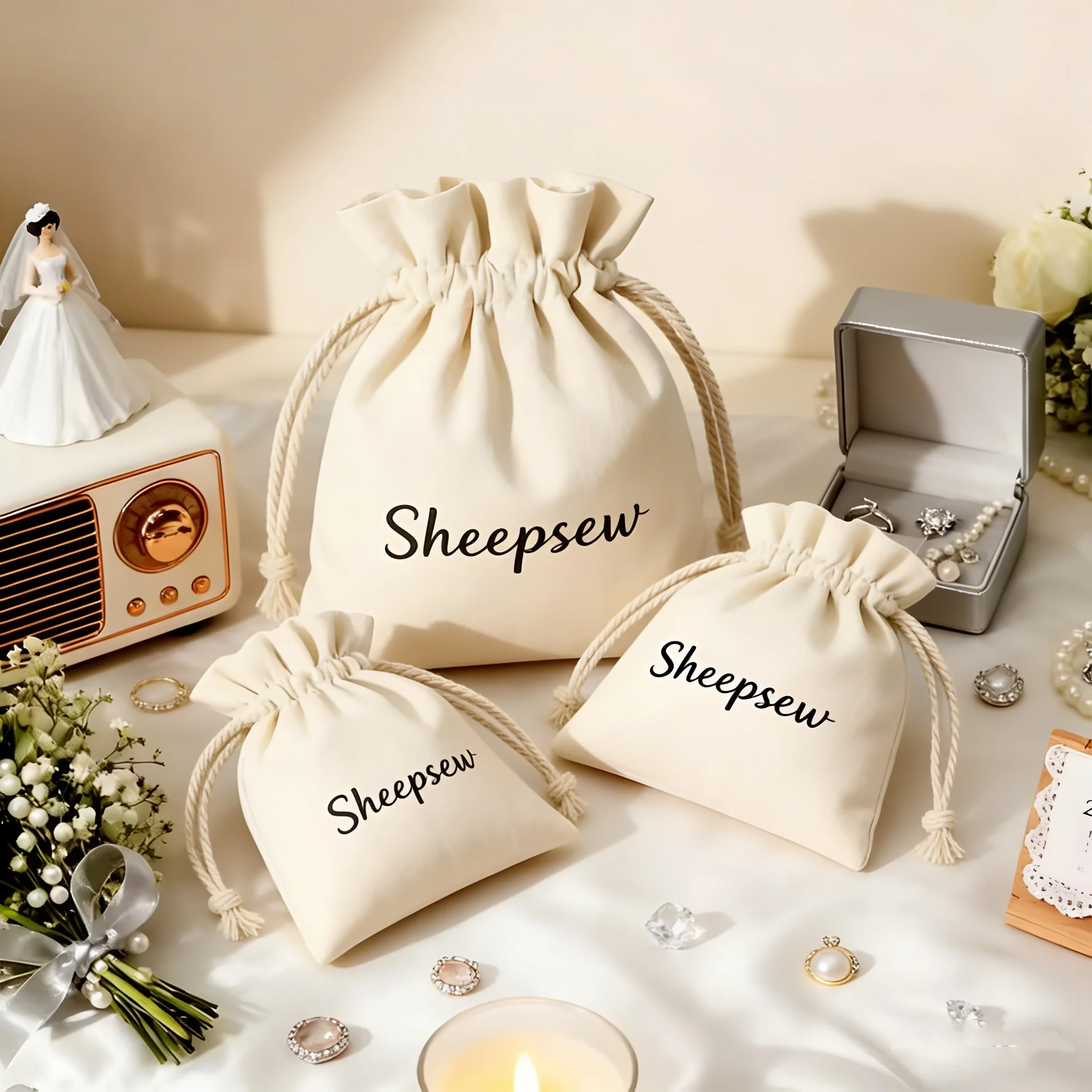 100Pcs 9x12cm Cotton Drawstring Jewelry Bag Cotton Canvas Muslin Linen Wedding Gift Bags Personalized Dust Pouch Custom Logo