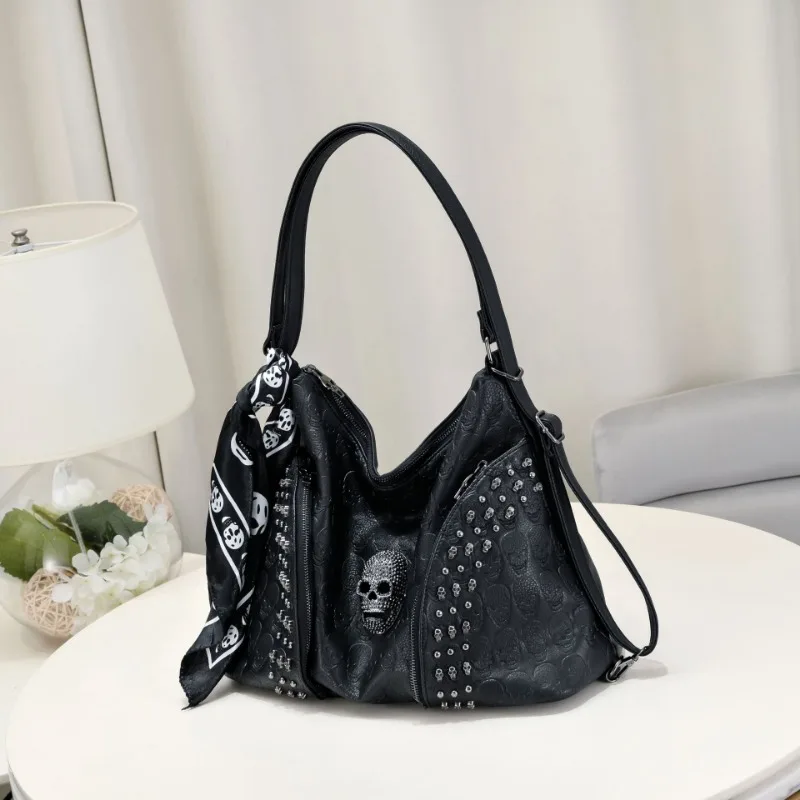 Y2k Aesthetic Trendy Casual Tote Bags Vintage All Match Women High-capacity Handbags Fashion Rivet Skull Shoulder Underarm Bag