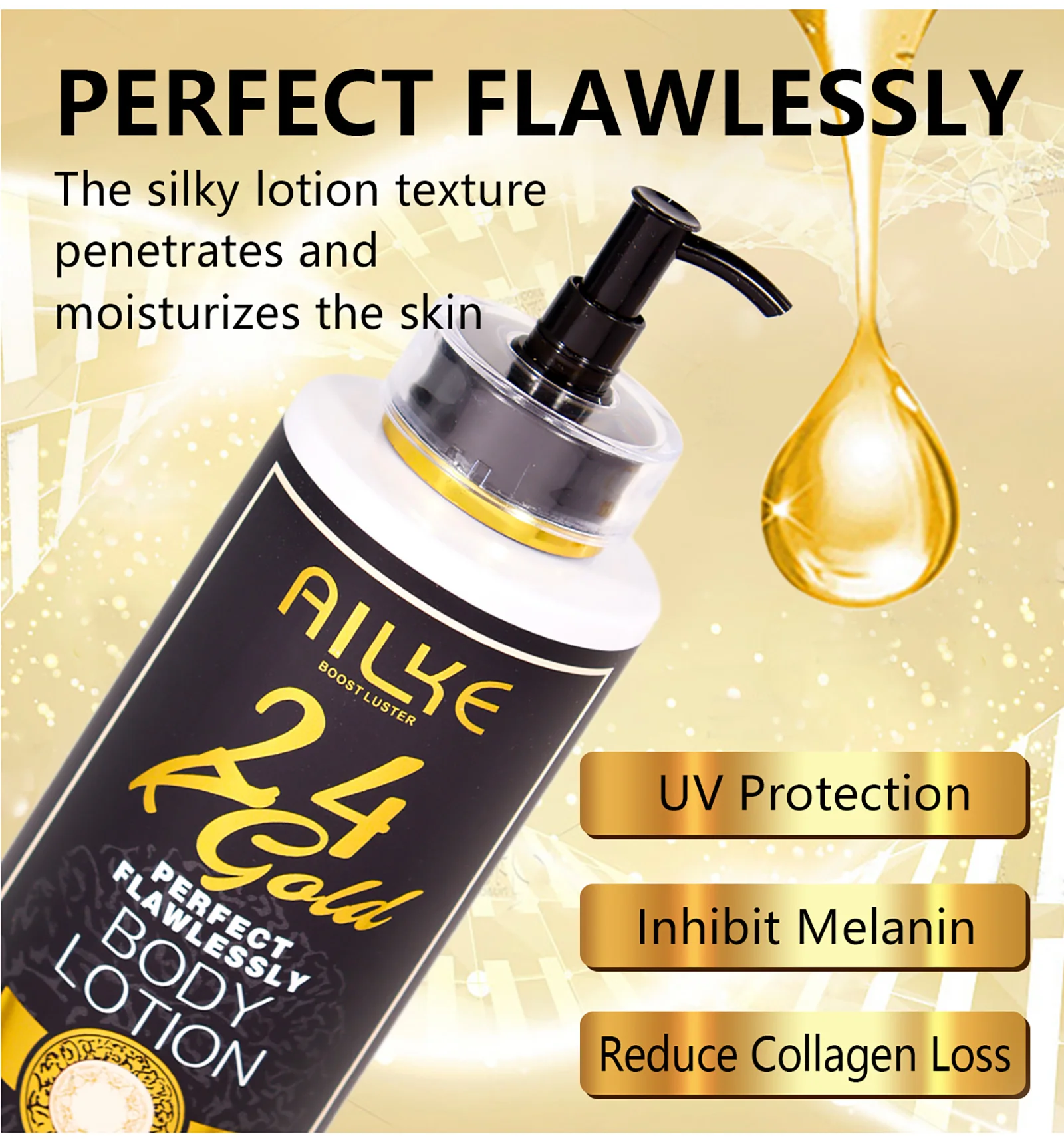 AILKE 24k Gold Perfekte makellose Körperlotion, aufhellend, hemmt Melanin, feuchtigkeitsspendend, UV-Schutz, mit Nikotinamid-Vitamin C – Detail 4