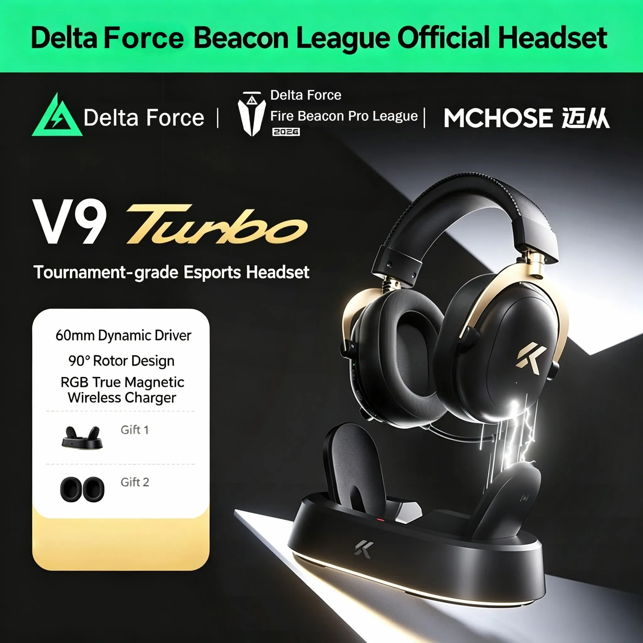 MCHOSE V9 Turbo+ Wireless Gaming Headset 60mm 7.1 Surround Sound 2000mAh RGB Magnetic Charging Base Low Latency for E-sports PC