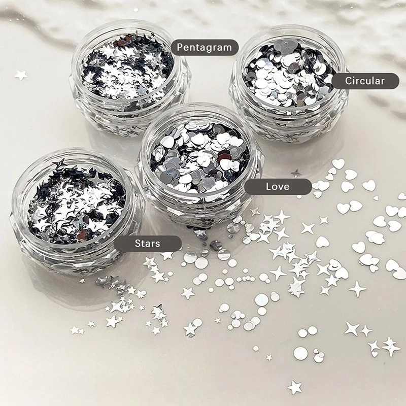 Nail Art Stickers 1 Jar Shiny Silver Sequins Mix Shapes Starlight Love Star Slice Decals Manicure Paillette Charms