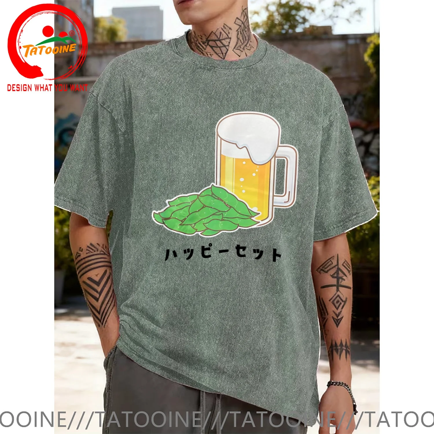 Funny Design Funny Happy Set Beer and Edamame  Shirt Men Fashion Trendy Casual Clothing Stylish Tops Tee Shirt Leisure Tshirt Me