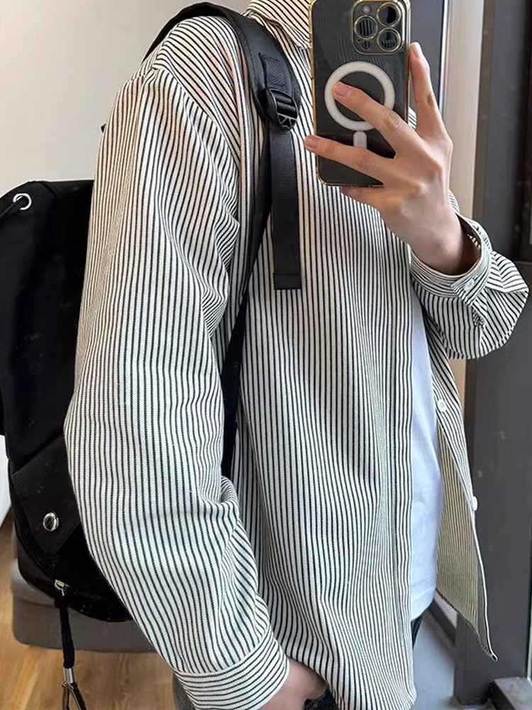 

Мужская повседневная многослойная весенняя верхняя одежда в синюю полоску Long Sve irt, дышащая модная весенняя одежда с откидным воротником из полиэстера