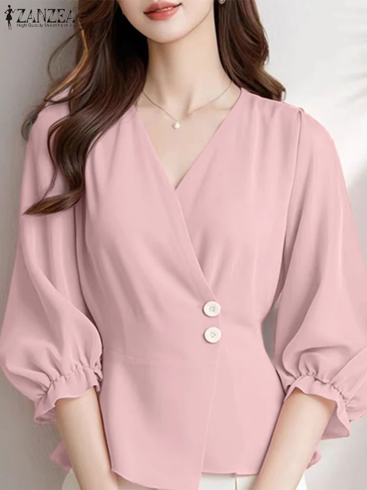 ZANZEA Women Office Lady Blouse Vintage V-neck Tops Fashion 3/4 Pufff Sleeve Blusas Casual Loose Solid Buttons Shirts Oversized