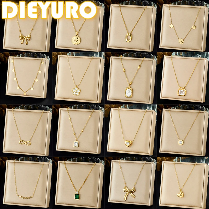 DIEYURO 316L Edelstahl Einfache vielseitige Zirkon Geometrie Blumen Bowknot Serie Anhänger Halskette Dame Klassische Charme Schmuck