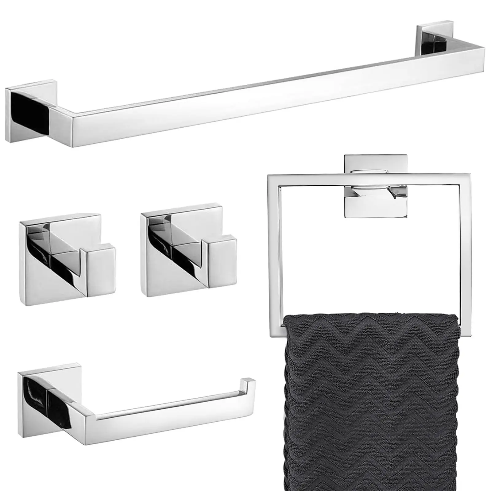 

10-Piece Polished Chrome Bathroom Accessory Set: Towel Bar, Ring, Double Hooks, Toilet Paper Holder, 304 Stainless Steel