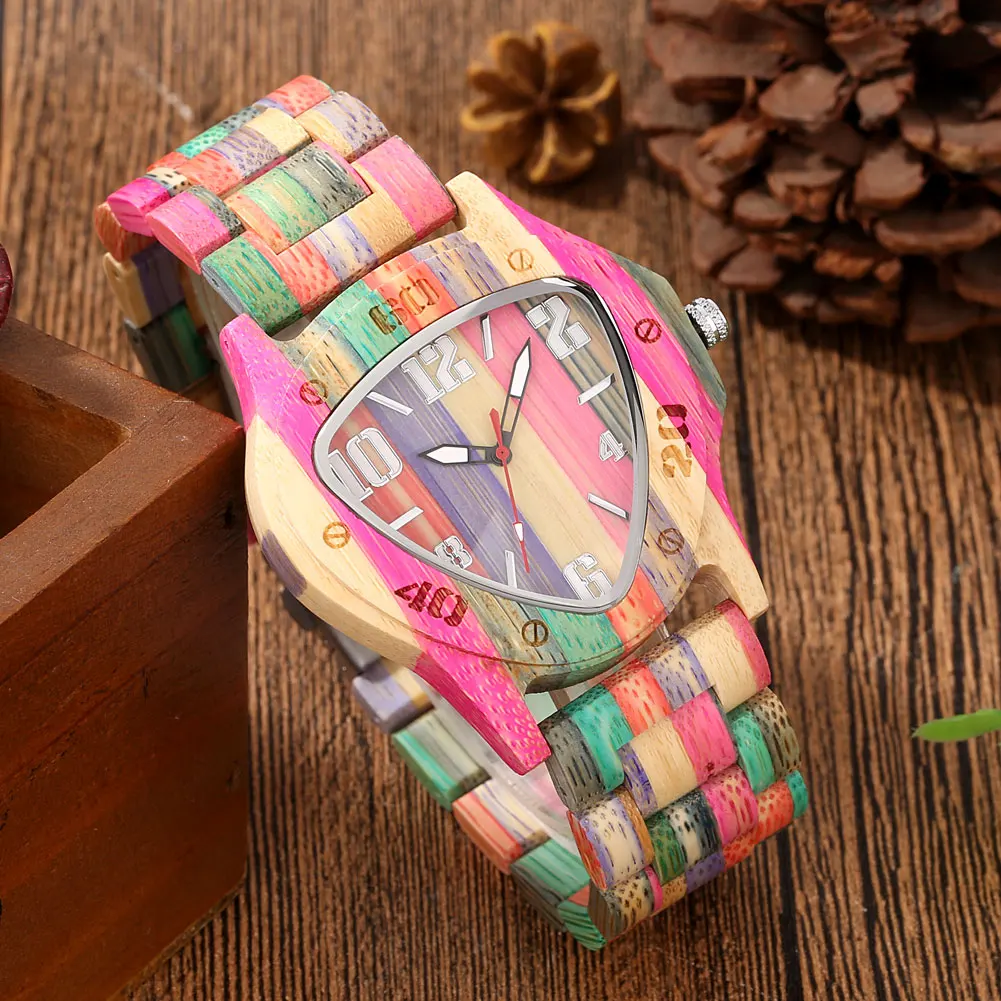 Unique Triagngle Arabic Numerals Dial Wooden Watch Quartz Wristwatch Men Full Wood Bracelet Watch Band Folding Clasp Man Clock