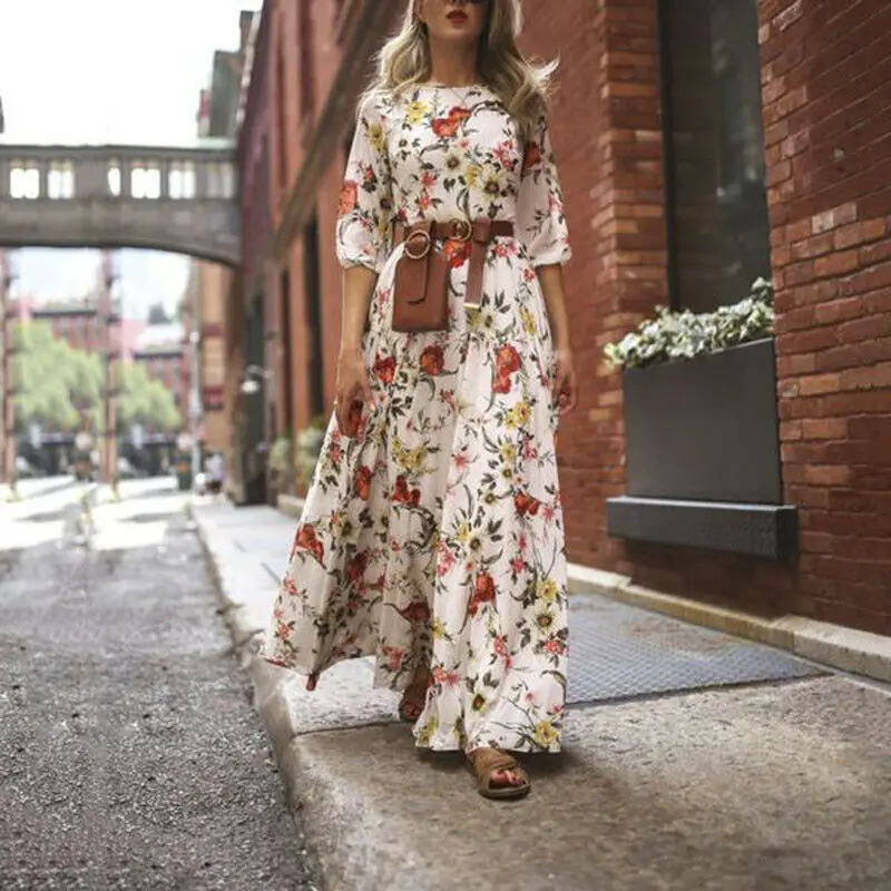 Summer Boho Floral Long Dress Women Round Neck Nine-point Sleeve Sexy Dress Fashion Weekend Beach Party Dresses 2024