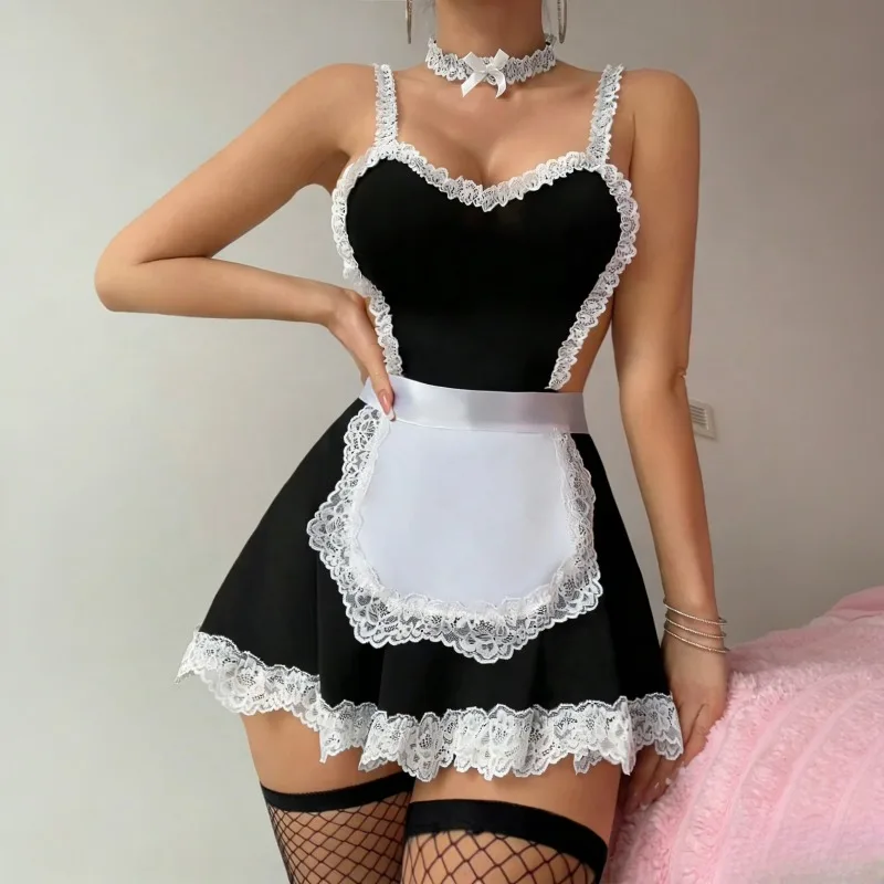 

Maid Unifrom Women Sexy Cosplay Lingerie Erotic Costumes Lace Bandage Dress with Apron Set Palace Servant Hot Babydoll Porno Set
