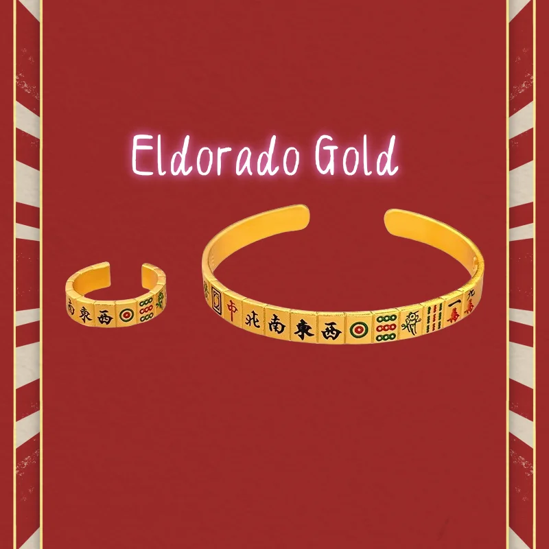 

Genuine gold 999 national trend new 13 13 bracelet ring Enamel color opening Mahjong new Chinese style accessory sValentine's D