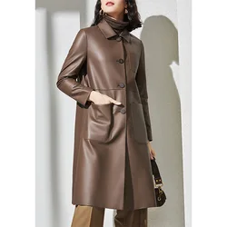 Trench in pelle da donna, cappotto in vera pelle con risvolto OL, lacci, giacca in pelle di pecora, Trench lungo, taglia grande