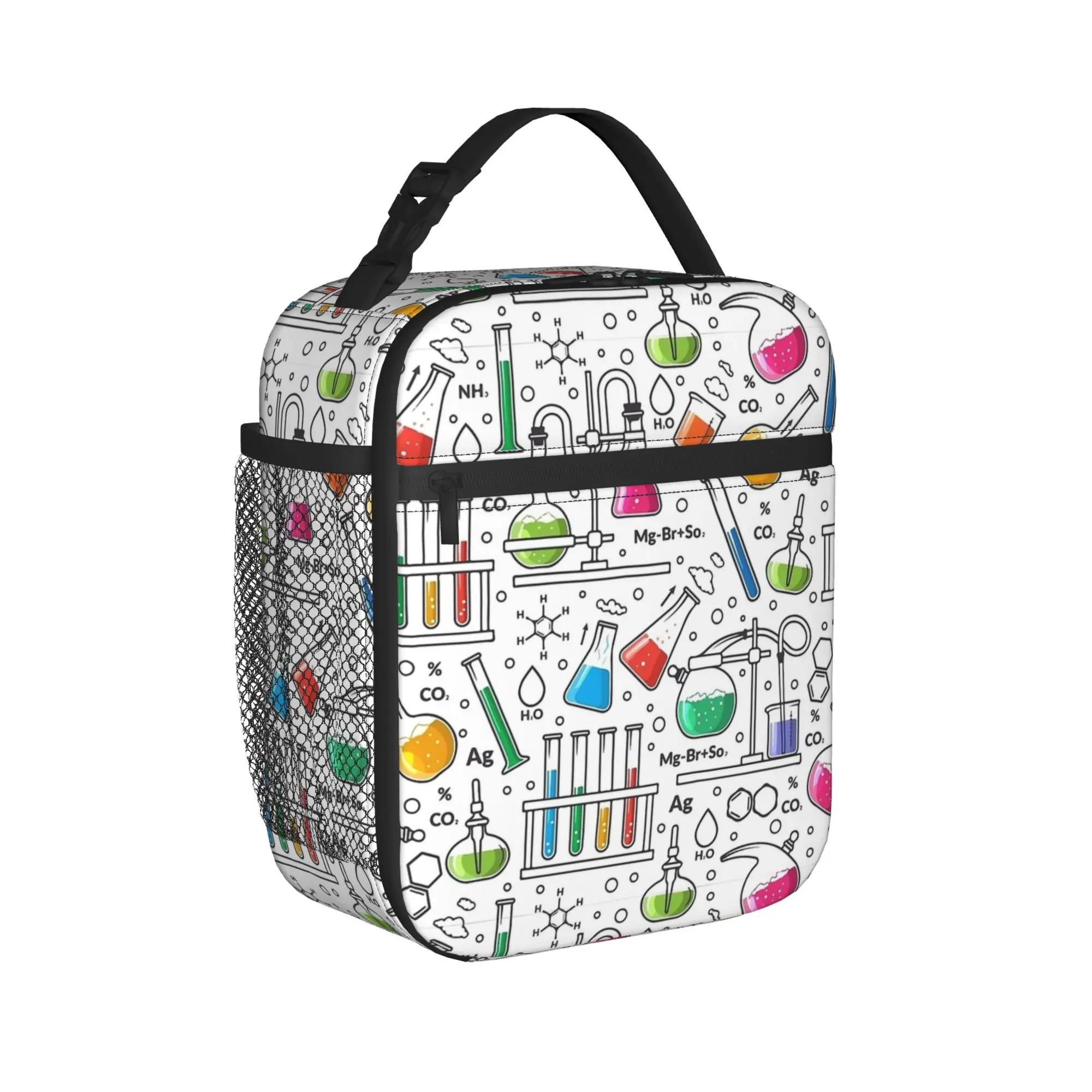 Chemistry Lab Science Equipment Pattern Lunch Bag Casual Lunch Box For Women  Outdoor Cooler Bag Oxford Thermal Tote Handbags