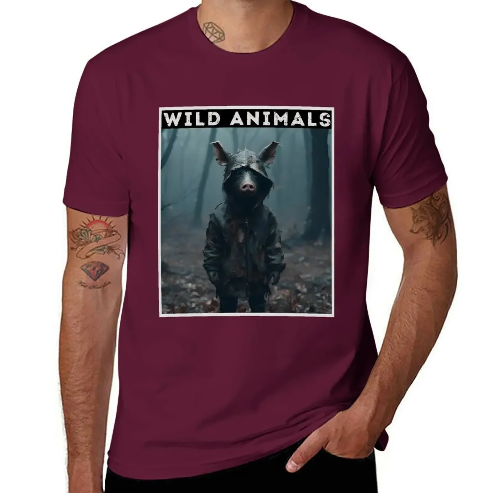 Customs Design Your Own Plus Size Tops Men's Cotton T-shirt Wild Animals Wild Boar in The Spooky Forest T-Shirt Clothing Funny