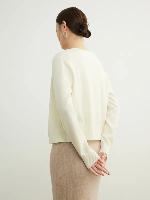 SuyaDream, Cardigans For Woman, 100%Merino Wool, Round Collar, Solid Plain Sweaters, 2024 Fall Winter Jackets, Beige, Black - Image 4