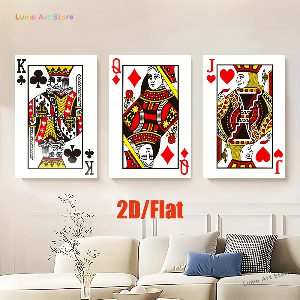 2D Flat Set of 3 Flat 2D Canvas Artworks Without Frames, Featuring a Queen of Spades Playing Card in Red And Yellow. Ideal fo