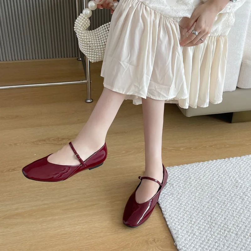 Wine Red Flat Shoes Women Low Heel Pumps Patent Leather Mary Jane Shoes Comfort Heels To Flats Big Size 42 43 Female Office Shoe