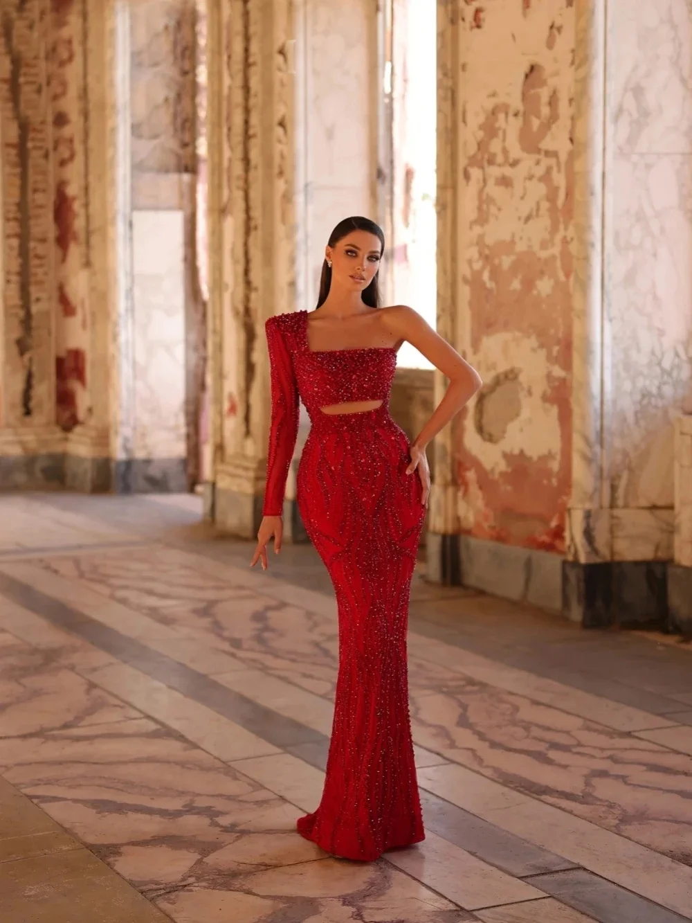 Modern Evening Dresses One Shoulder Prom Gowns Sequins Pearls Long Sleeves Princess Sweep Train Customized Vestidos De Noche