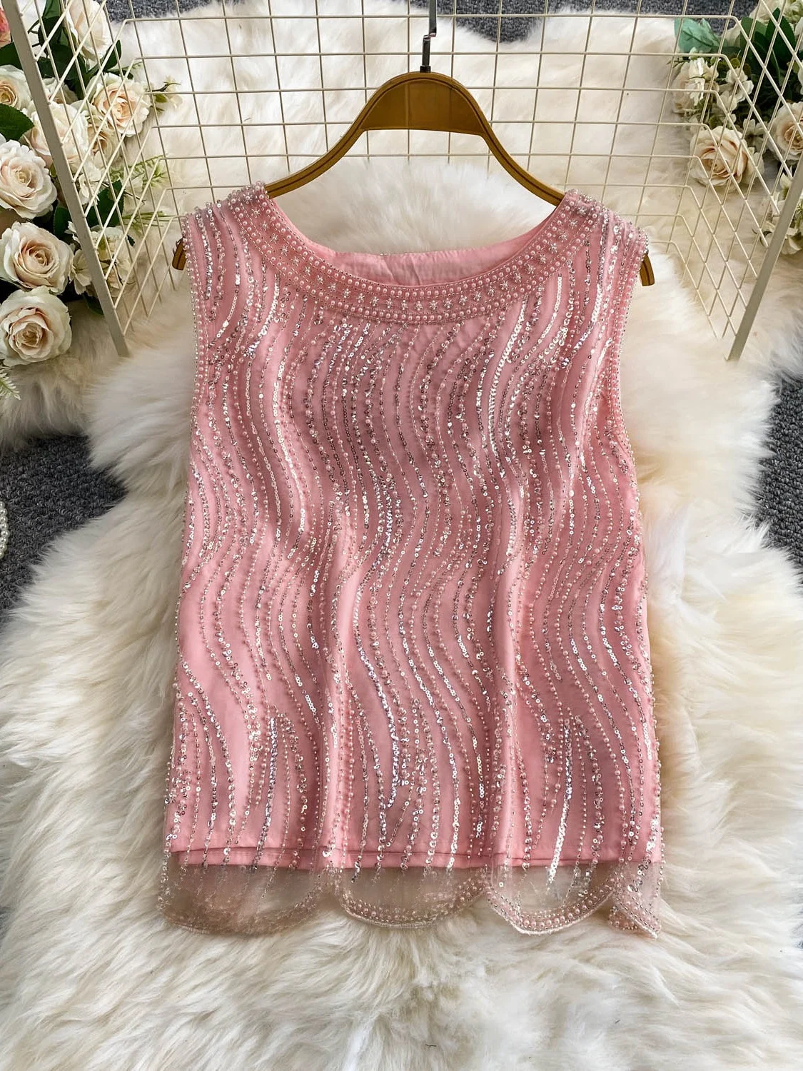 

Heavy Bead Sequin round Neck Vest Women Summer Loose Slimming Age-Defying Mesh Top Commute Style H-Shape Backless