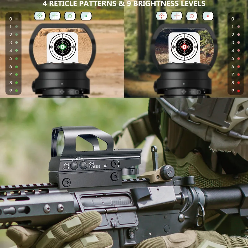 

Red Green Dot Sight 4 Adjustable Reticle Reflex Sight 9 Brightness Setting Holographic Sight For 20mm Rail Mount