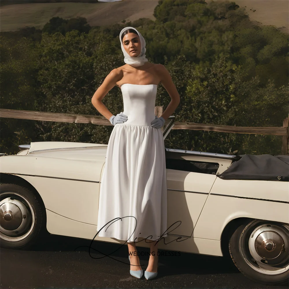 QICHE Classic Satin A-Line Wedding Dress Women 2026 Strapless Sleeveless Open Back Bridal Party Gown Vestido De Noiva Customized